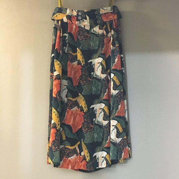 Vintage 80s Union Made Orange and Green Abstract Button Waist Pleated Midi Skirt - Picture 1 of 14